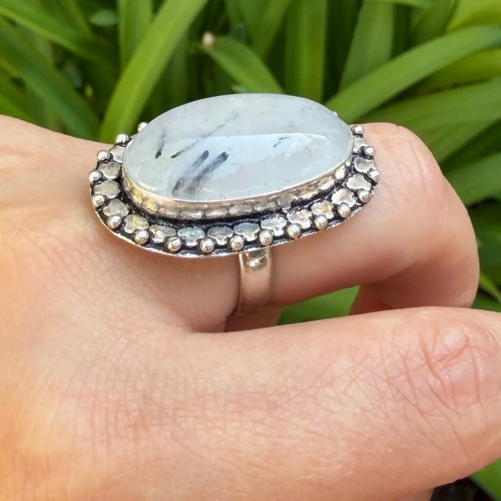 SIZE 7.25 925 silver plated black rutile quartz‎ ring 0376